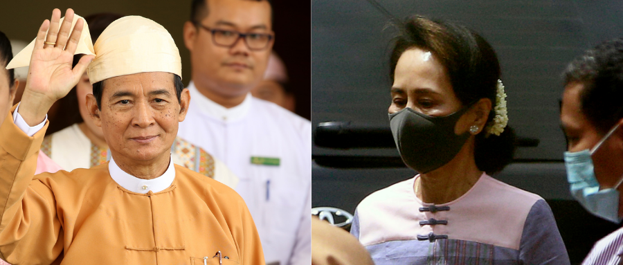 拼版图片。左：2018年3月30日，在缅甸内比都，缅甸总统温敏（前）宣誓后向媒体挥手。右：2020年8月4日，缅甸民盟主席、国务资政昂山素季（中）抵达位于仰光丹因镇的选举委员会办公室递交参选注册资料。新华社发