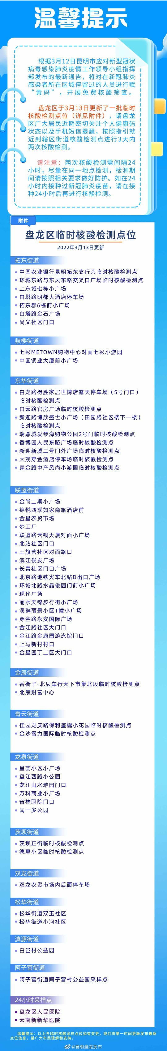 重要提醒！盘龙区核酸检测点更新！码变黄的快来这里→