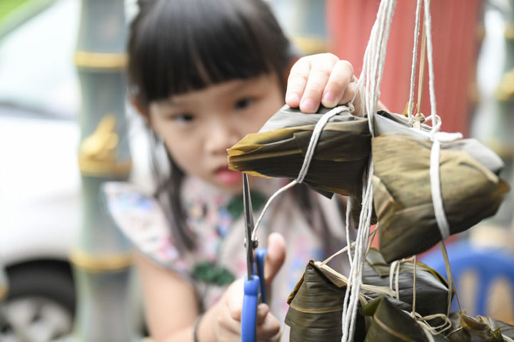 6月18日，一个女孩在马来西亚马六甲修剪粽子叶。当地举行了游龙舟和裹粽子等活动。新华社记者 程一恒 摄.jpg