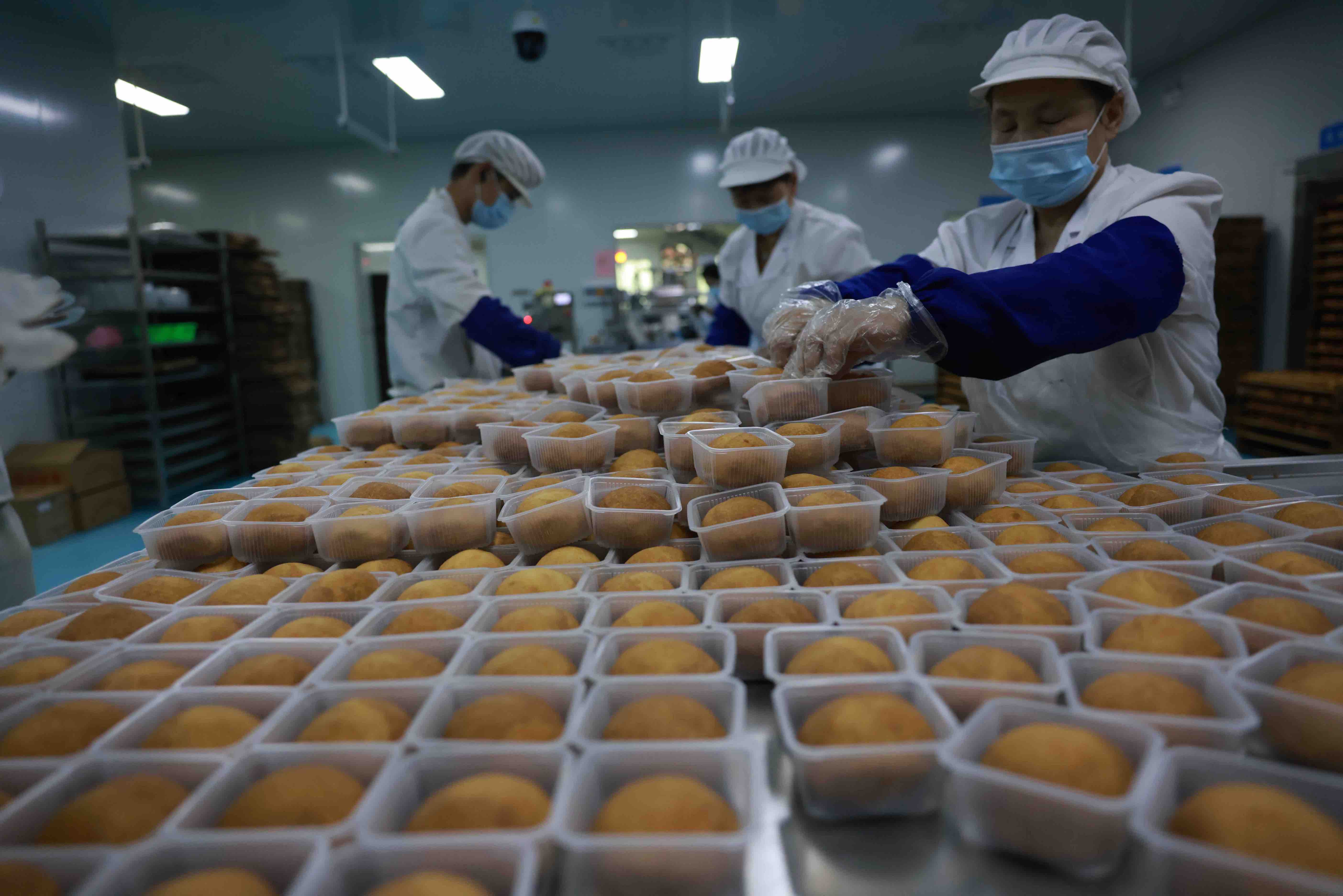 标准化分装工序,以洁净规范的生产流程守护月饼品质。摄于2026年,九九物业管理有限公司糕点制作车间